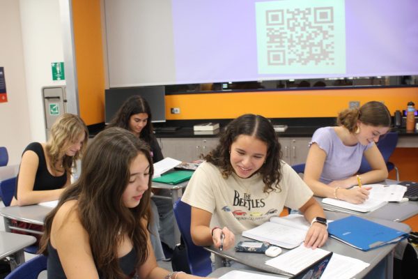 Seniors Charlotte Nelson, Talia Bahar, Josephine Bonney, Rachel Durango-Cohen and Rachel Rubin collaborate on Chem/Phys work.