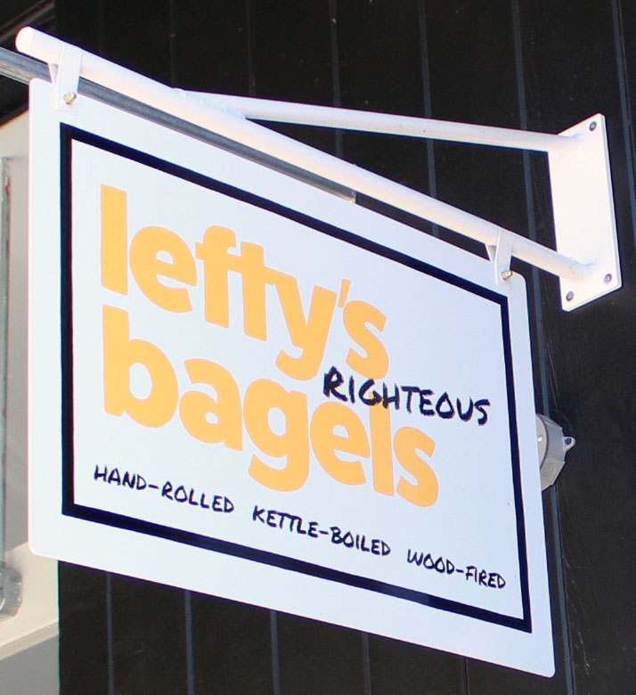 Sign outside Lefty's Righteous Bagels.