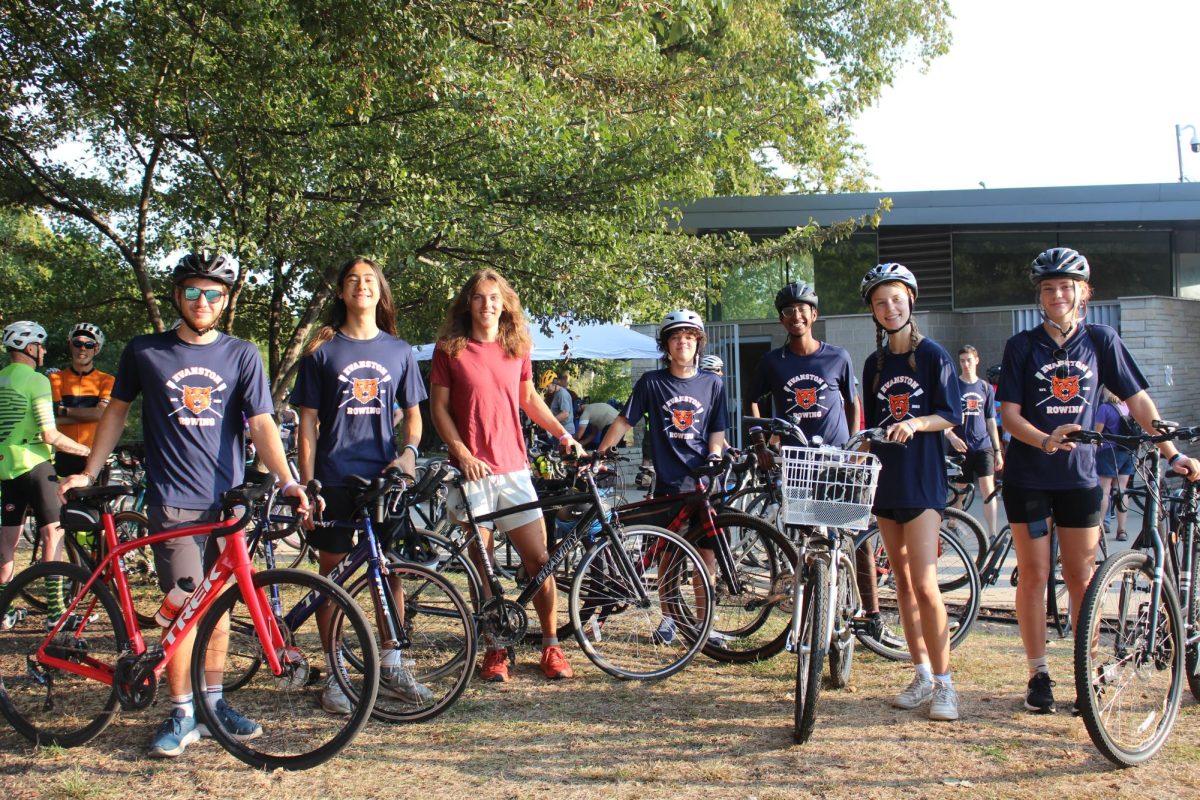 Rowing team members Emma Thomas, Neria Nelke-Brinks, Mahin Goel, Parker Krzystofiak, Aidan Kopke, Kubla Domsky, Molimo Nelke-Brink gearing up for the ride 